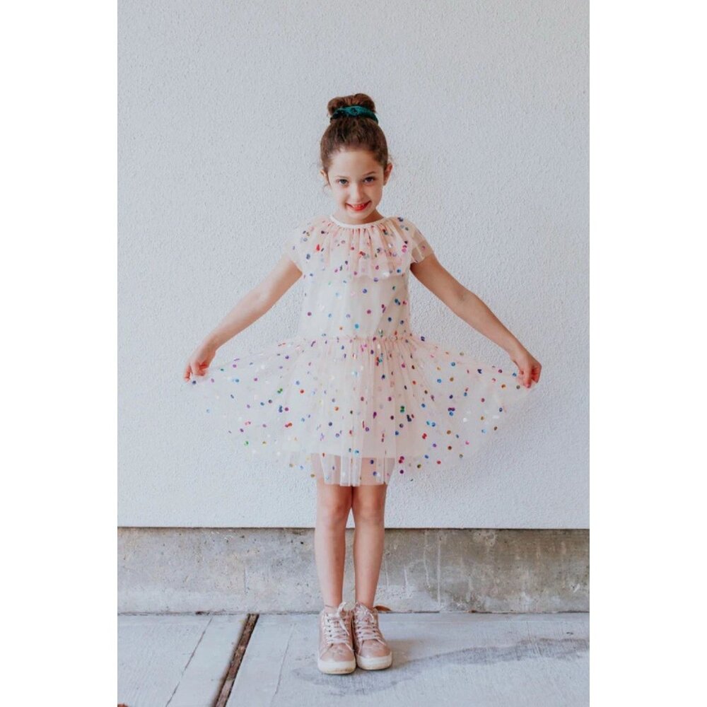 NEW! Girls Confetti Birthday Princess Dress Ruffle Sleeve White SZ 6-7 Years